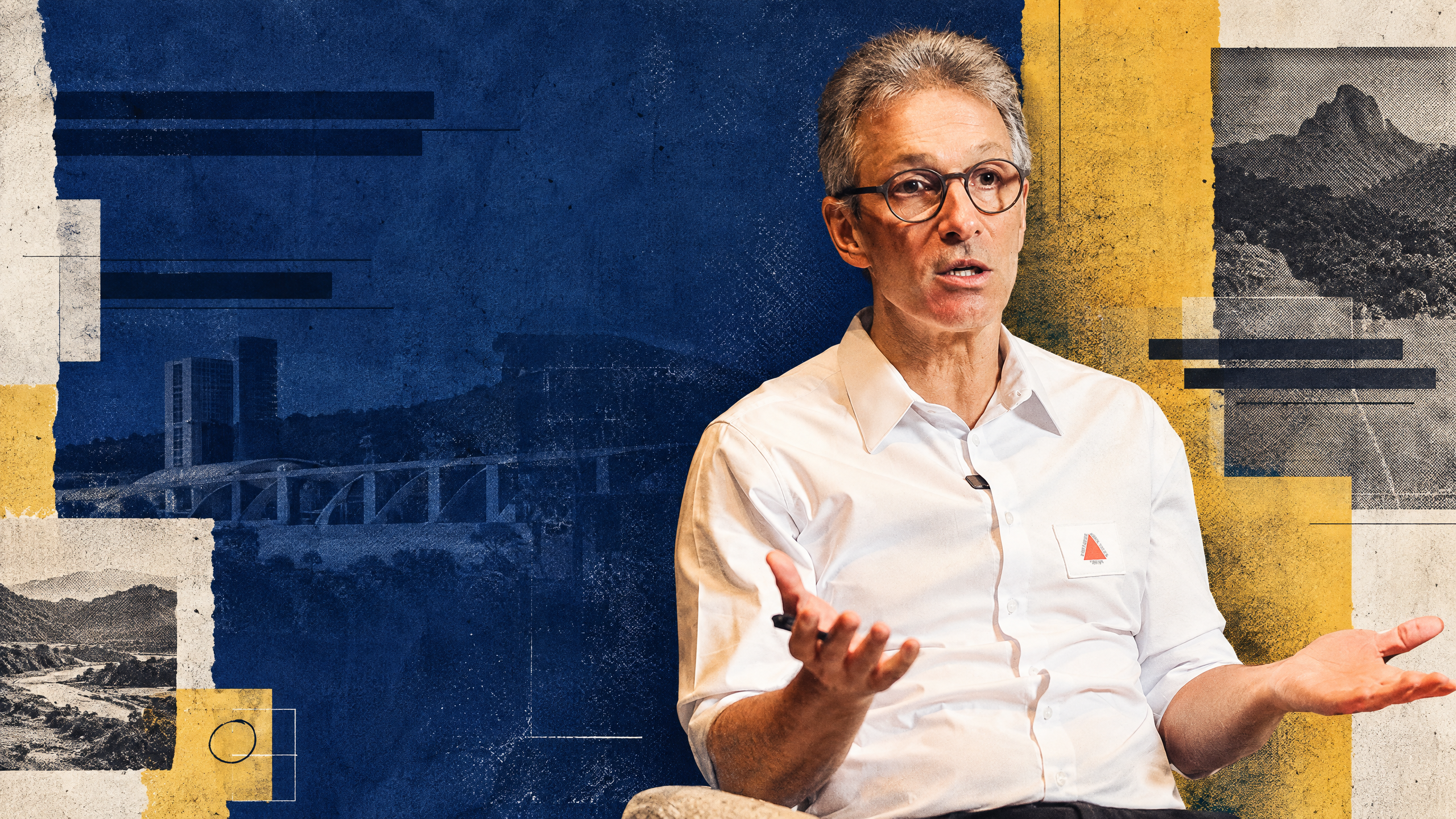 Composição editorial de Romeu Zema, com textura documental em azul e amarelo